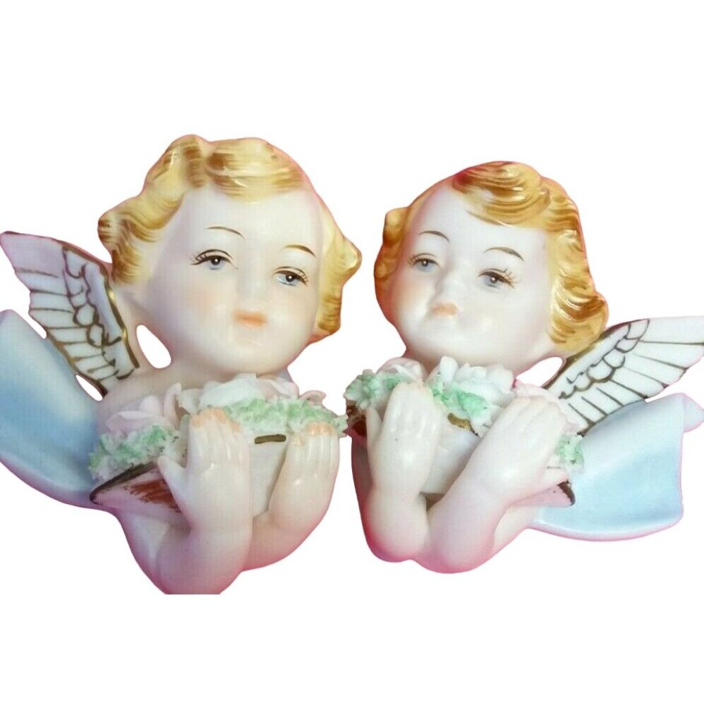 Vintage 60s Cherubs Wall Decor Bisque Porcelain Angels Japan Nostalgia Kitsch